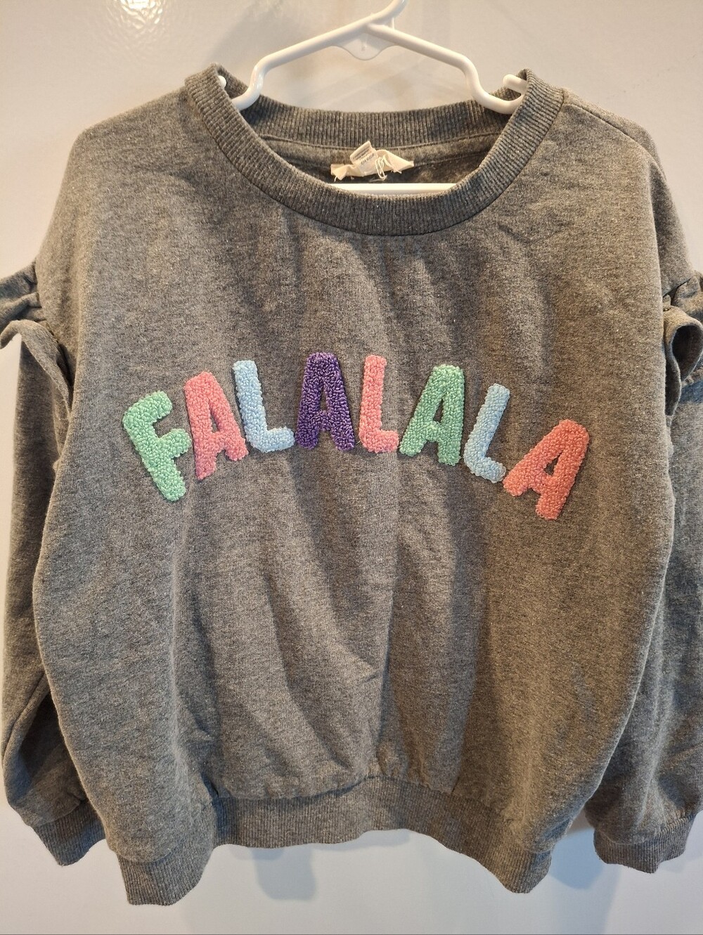 Jessica Simpson Gray Crewneck Sweatshirt with Pastel Chenille 'FALALALA'
